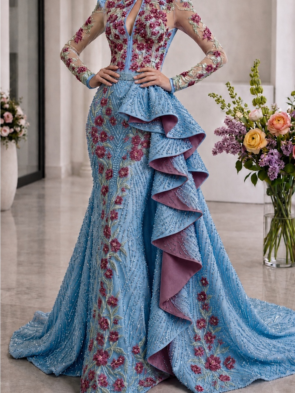 Elegant Blue Floral Embroidered Mermaid Gown